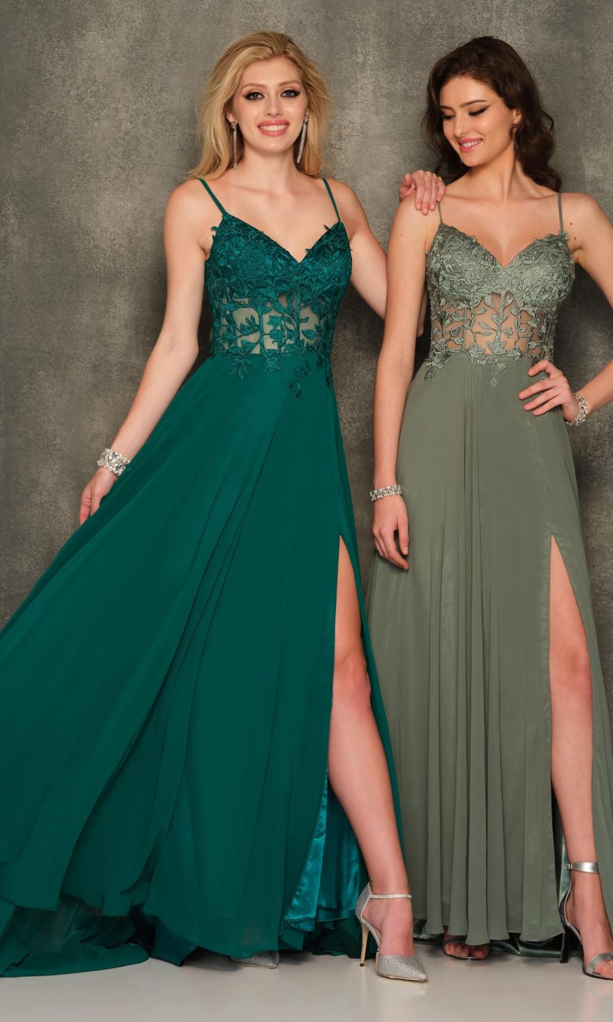 Two women wear Sheer-Bodice Dave & Johnny Long Prom Dresses, both with sheer lace bodices and thigh-high slits; one in teal, the other in sage green.
